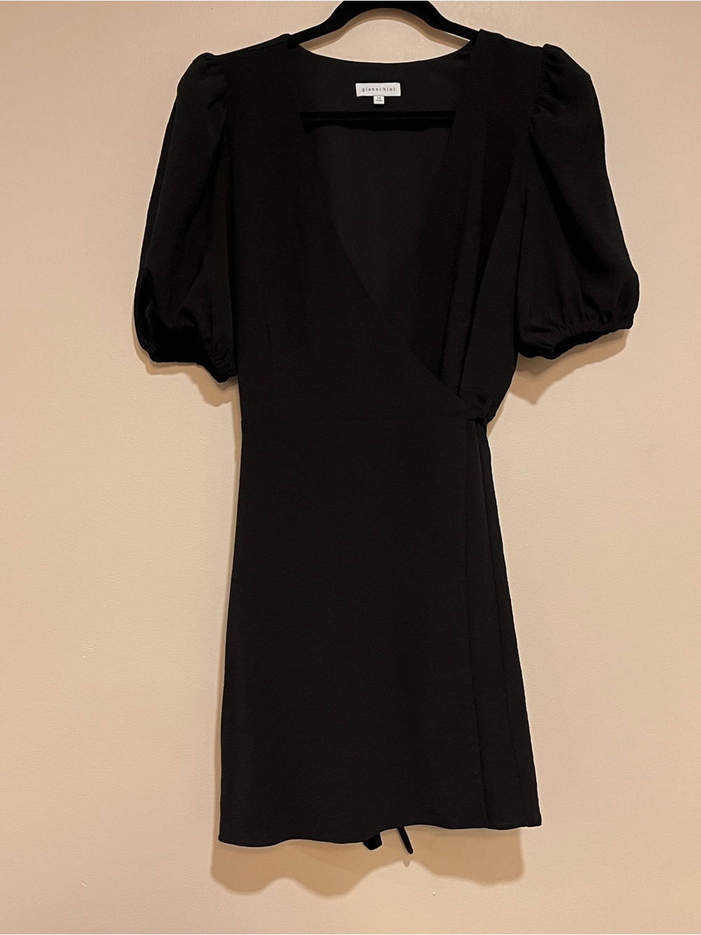 Gianni Bini | Black wrap mini dress women’s size 12 pouf sleeves tie waist work